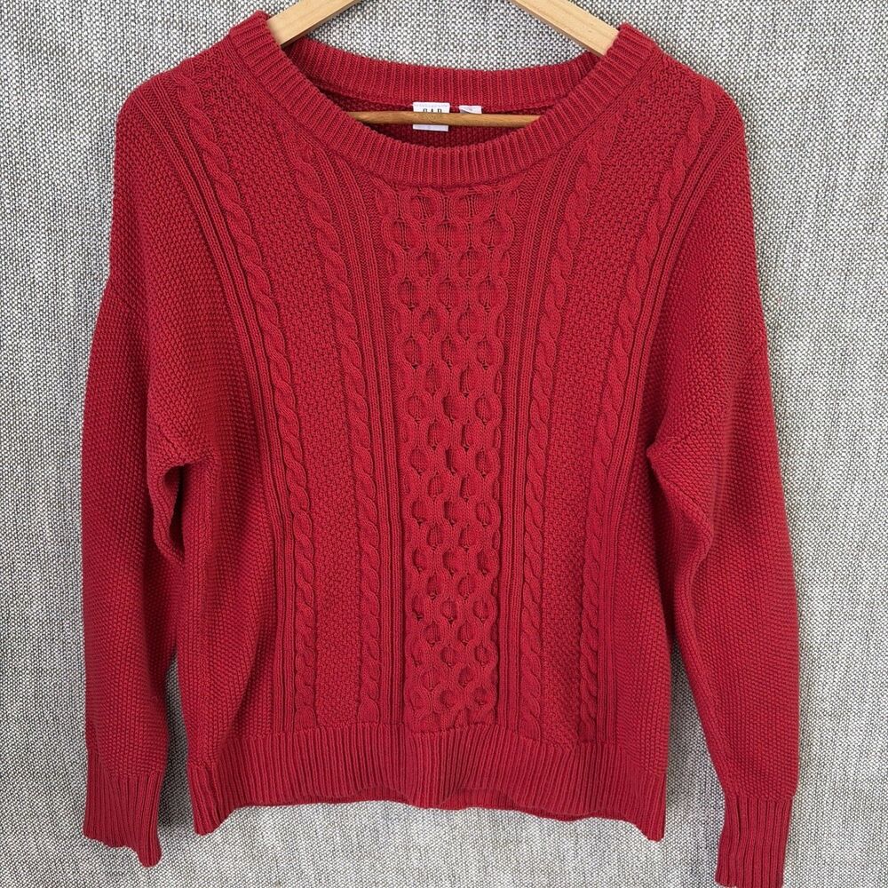 GAP | Woman's Red Cable Knit Cotton Crew Neck Long Sleeve Raglan Sweater, Size M